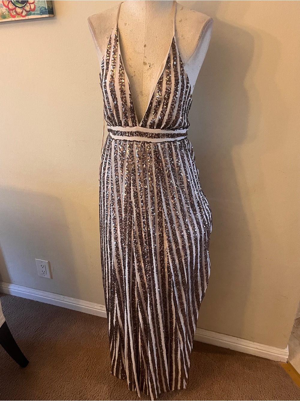 Sequin Striped Deep V Halter Evening Dress - Champagne gold